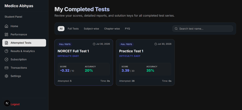 My completed tests logs screenshot